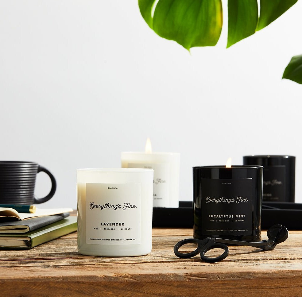100% soy wax, hand-poured in ultra small batches in Los Angeles, CA. Made with a lead-free cotton wick and premium fragrance and essential oils for a clean burn. lavender, orange, lemon, cedarwood, bergamot