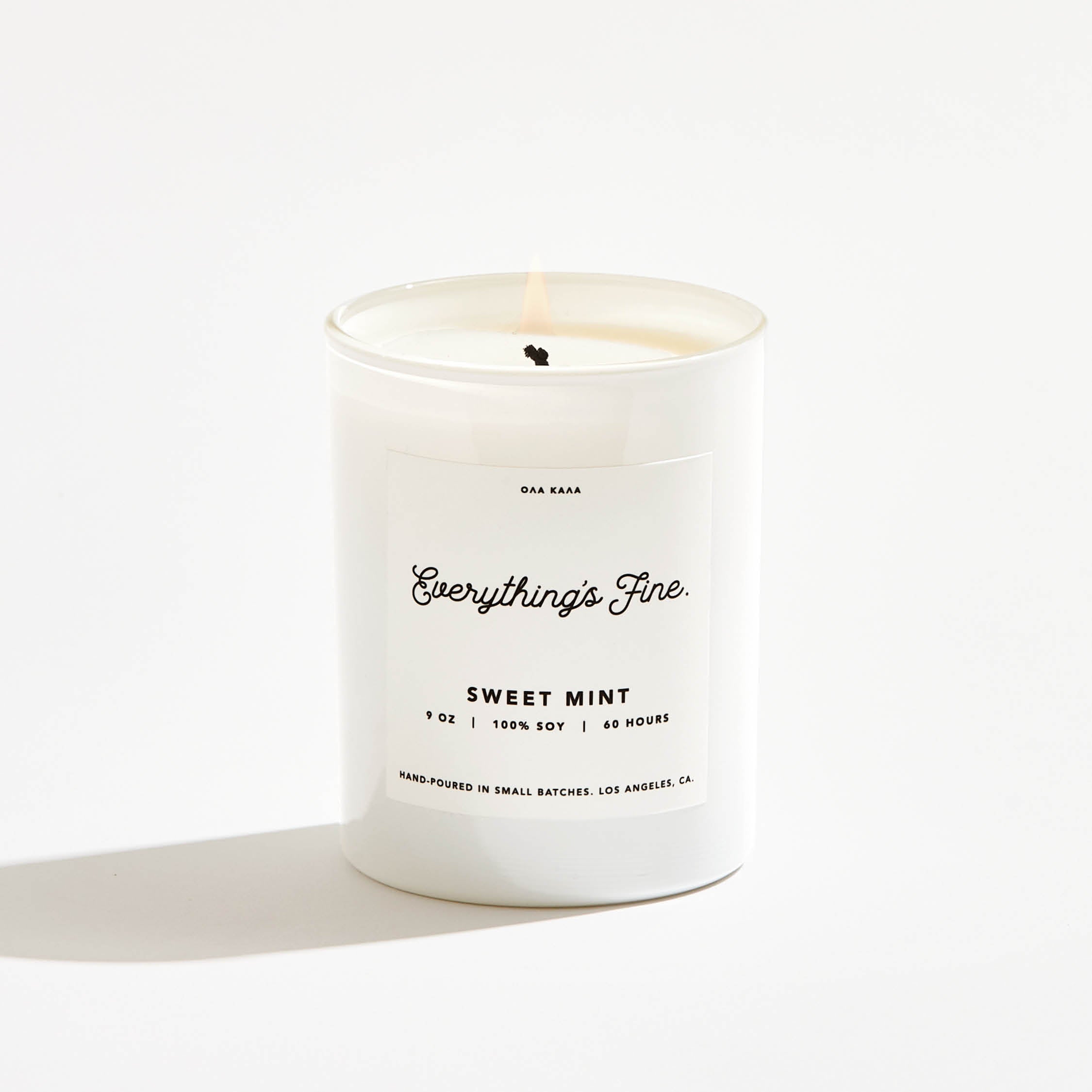 100% soy wax, hand-poured in ultra small batches in Los Angeles, CA. Made with a lead-free cotton wick and premium fragrance and essential oils for a clean burn. peppermint, vanilla, mint leaves.